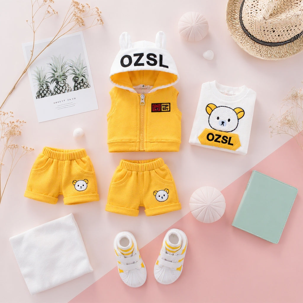 🐻 3PCS Baby Clothing Set – Bunny Ear Hoodie Vest, Cute Bear T-Shirt & Soft Shorts Set for Baby Boys & Girls 💛