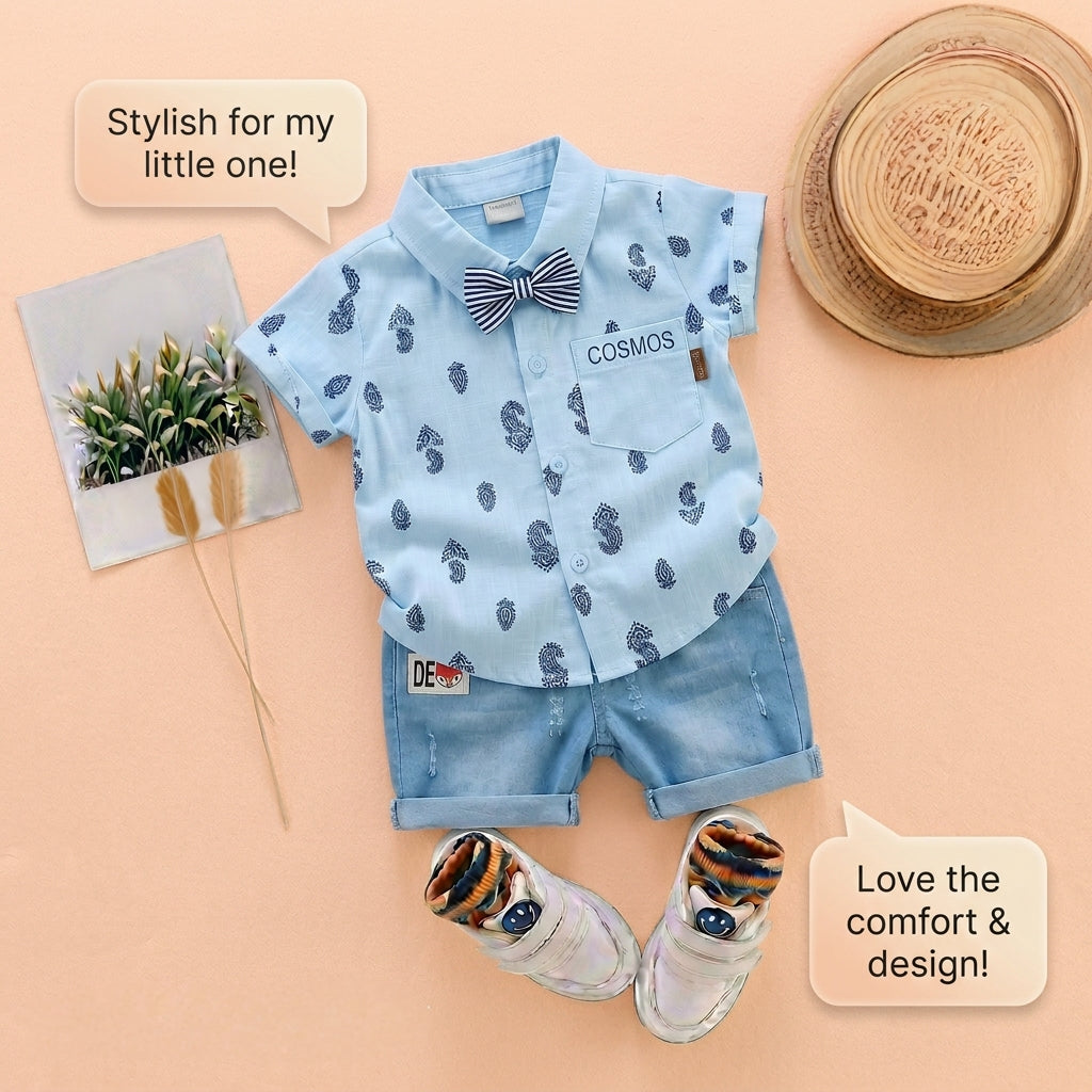Baby Boys Formal Summer Outfit Set with Bow Tie & Shorts – Available in White, Black & Sky Blue