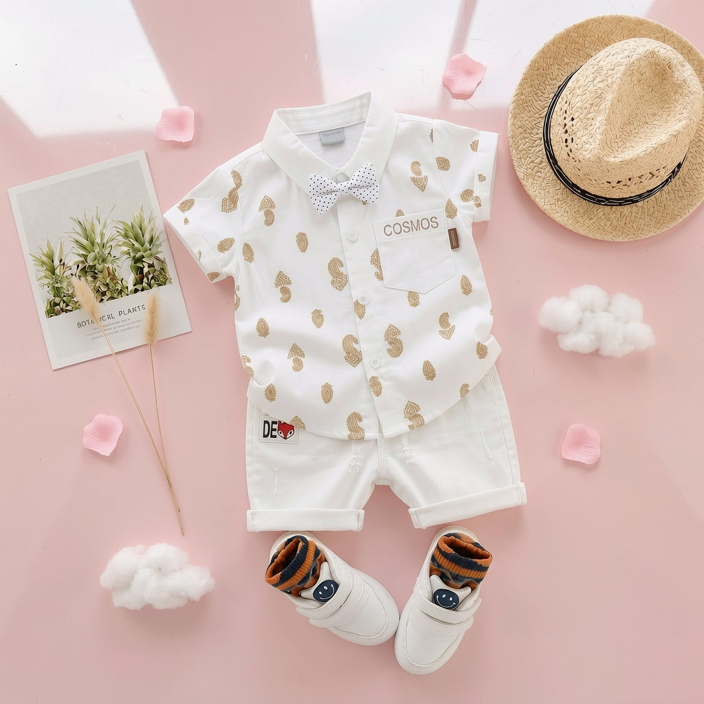 Baby Boys Formal Summer Outfit Set with Bow Tie & Shorts – Available in White, Black & Sky Blue