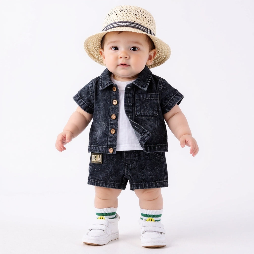 Baby & Kids Denim Co-ord Set | Shirt + T-Shirt + Shorts | Unisex (8M–5Y)