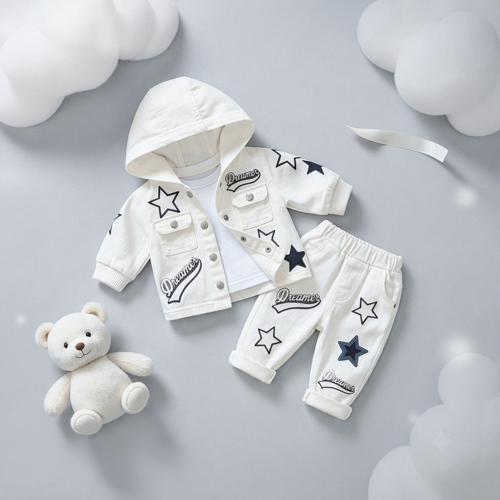 Dreamer Star Denim Jacket & Pants Set for Baby Boys 🌟 Premium 3-Piece Co-ord Set | 4 Colors Available