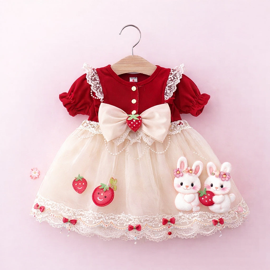 🍓 Cute Bunny Strawberry Baby Girl Party Dress 🎀
