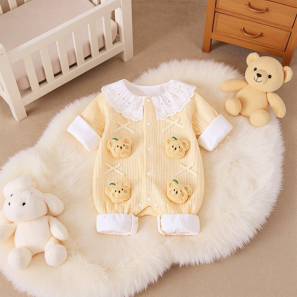 Summer Journey Baby Romper – Pink, Light Yellow & Beige Cute Teddy Cotton Outfit
