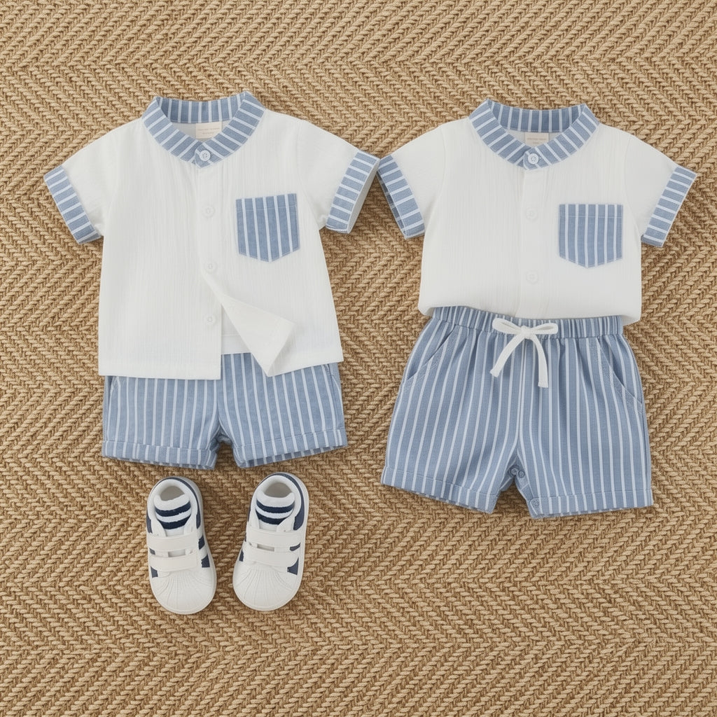 Baby Boys White & Sky Blue Striped Summer Co-Ord Set