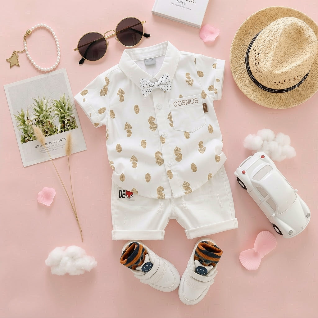 Baby Boys Formal Summer Outfit Set with Bow Tie & Shorts – Available in White, Black & Sky Blue