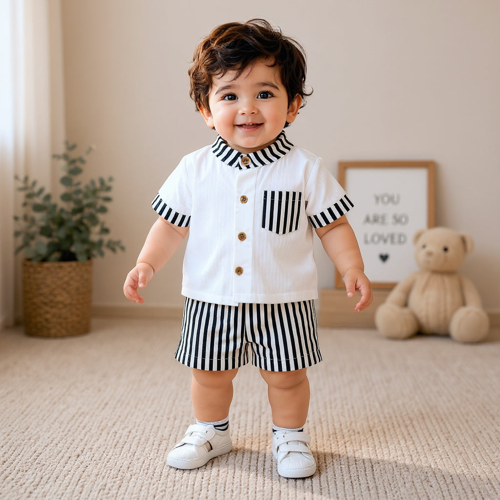 Stylish Kids Summer Co-ord Set | Black & White Striped Half Sleeve Shirt & Shorts Outfit