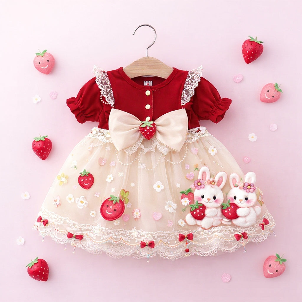 🍓 Cute Bunny Strawberry Baby Girl Party Dress 🎀