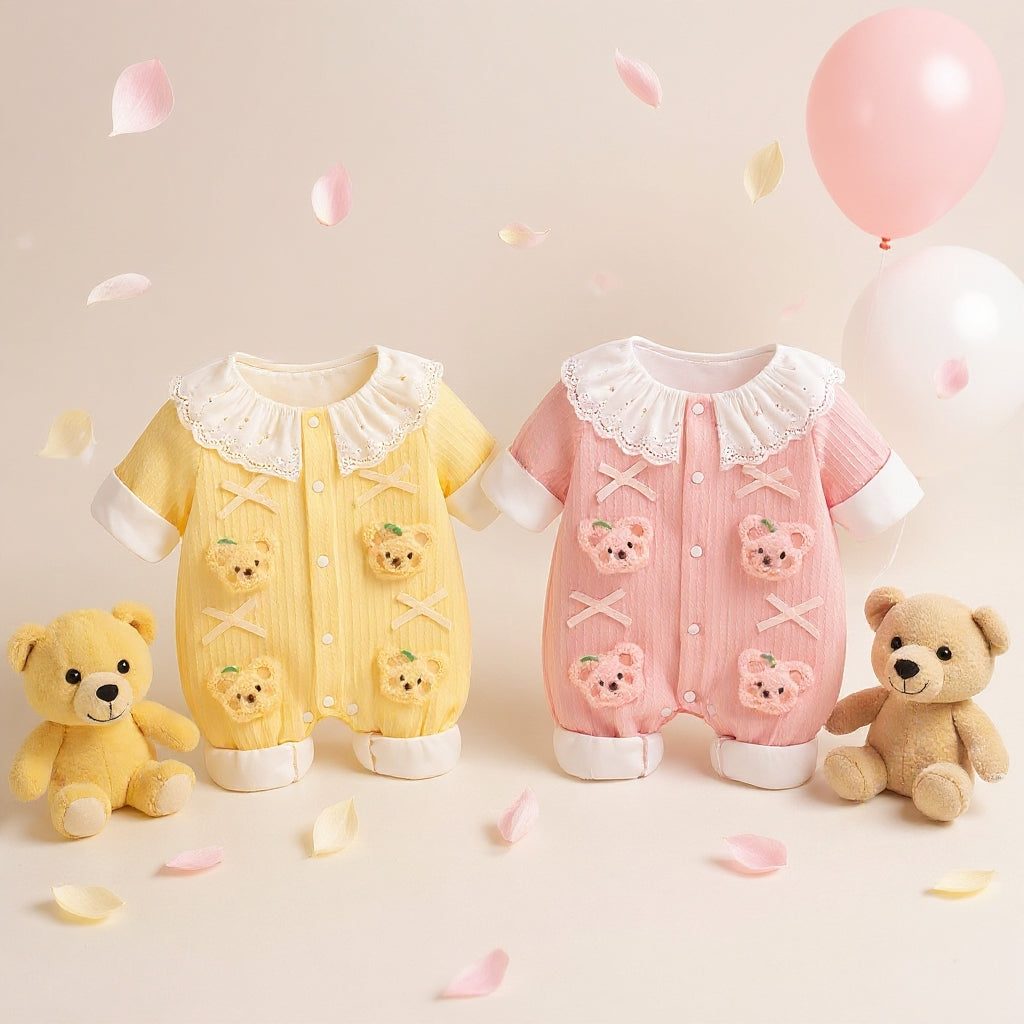 Summer Journey Baby Romper – Pink, Light Yellow & Beige Cute Teddy Cotton Outfit