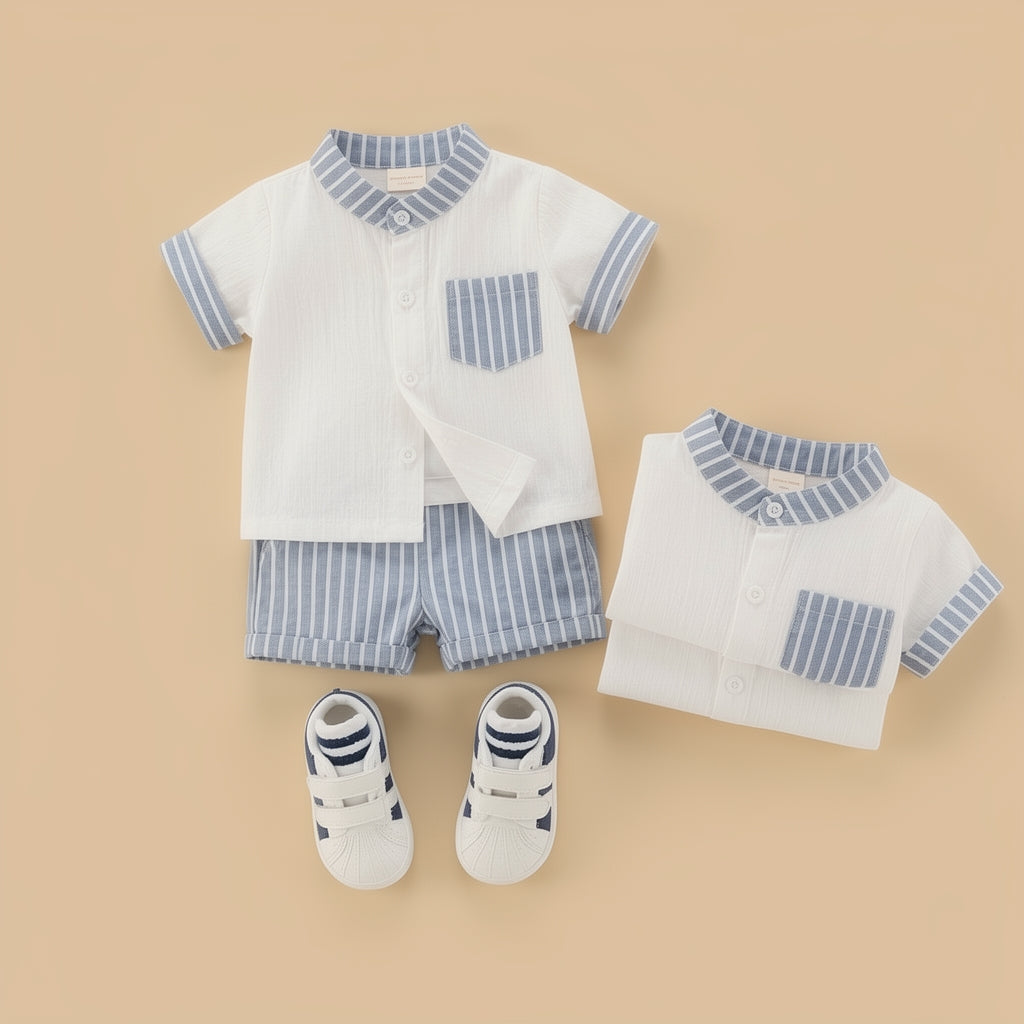 Baby Boys White & Sky Blue Striped Summer Co-Ord Set