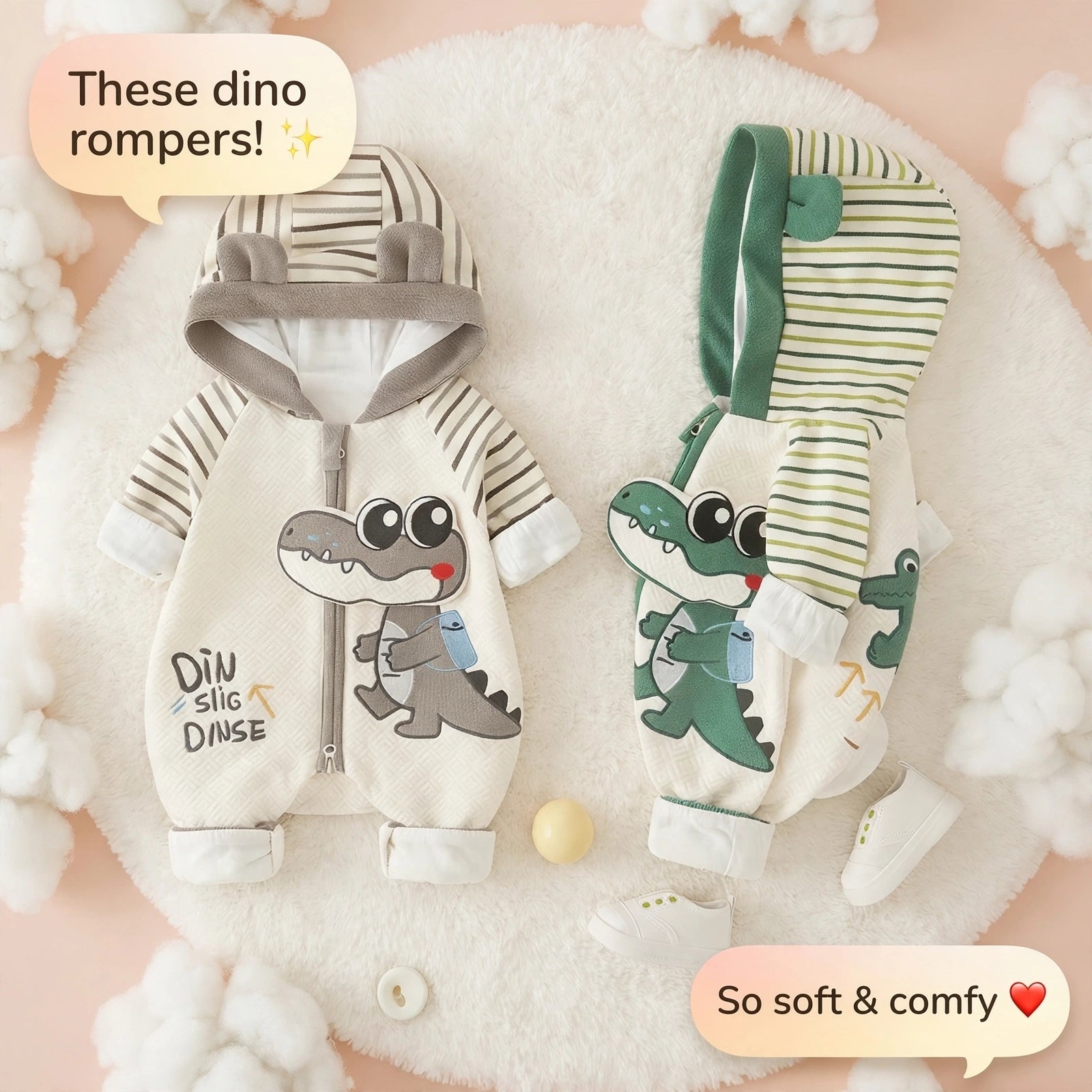 Baby Dino Crocodile Print Hooded Romper – Lightweight Summer Cotton Jumpsuit for Boys & Girls | Available in Green & Grey