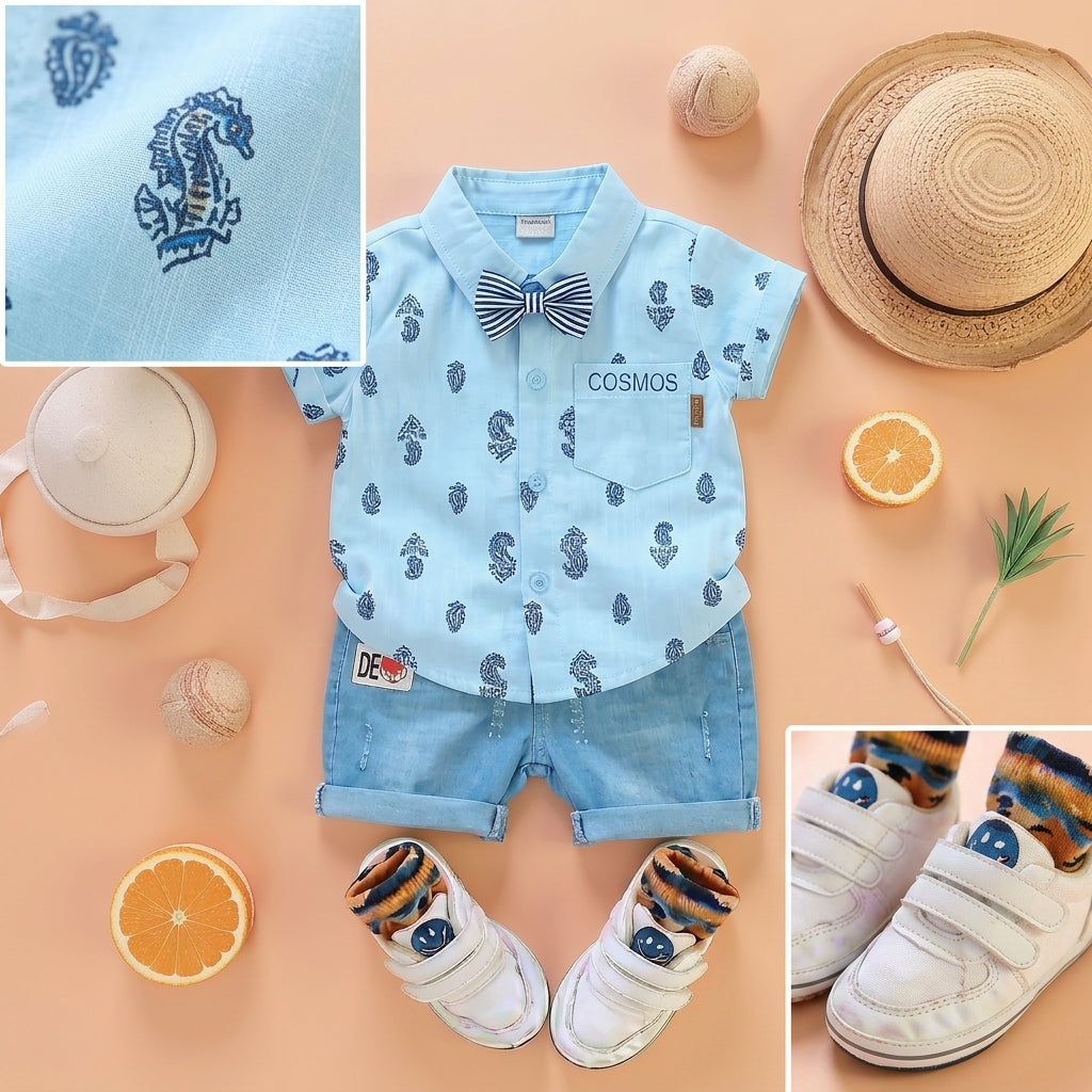 Baby Boys Formal Summer Outfit Set with Bow Tie & Shorts – Available in White, Black & Sky Blue