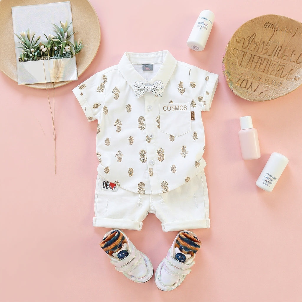 Baby Boys Formal Summer Outfit Set with Bow Tie & Shorts – Available in White, Black & Sky Blue