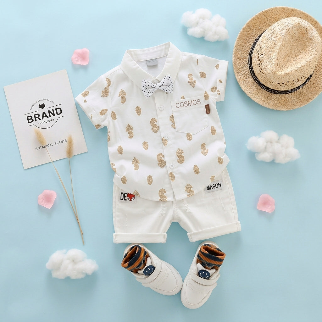 Baby Boys Formal Summer Outfit Set with Bow Tie & Shorts – Available in White, Black & Sky Blue