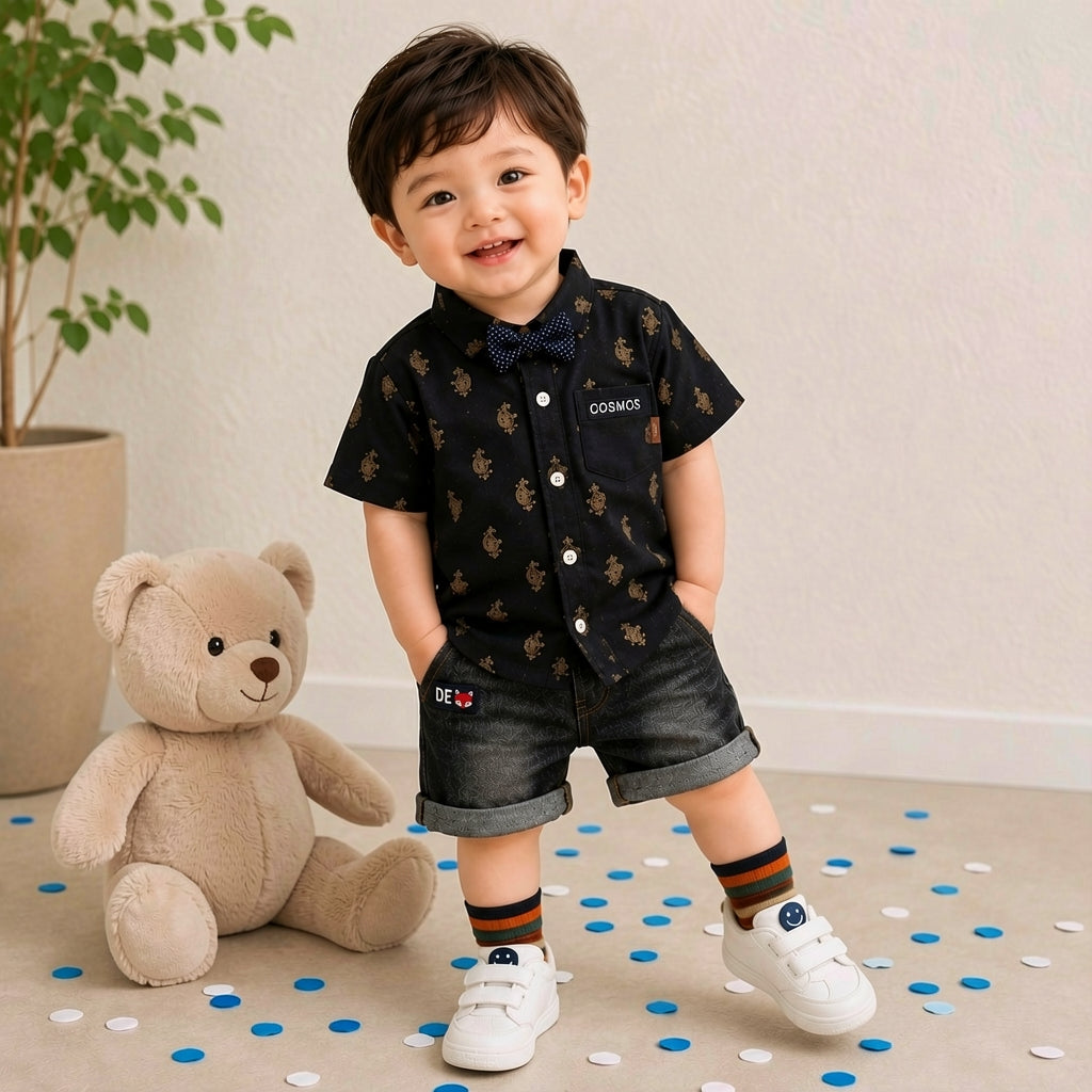 Baby Boys Formal Summer Outfit Set with Bow Tie & Shorts – Available in White, Black & Sky Blue