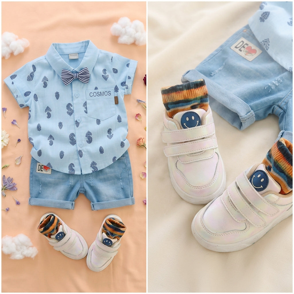 Baby Boys Formal Summer Outfit Set with Bow Tie & Shorts – Available in White, Black & Sky Blue