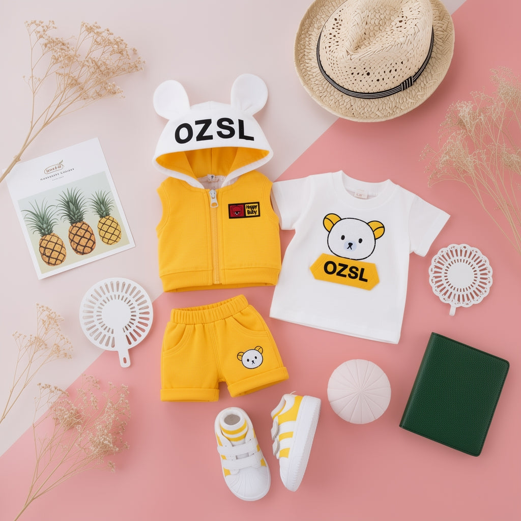 🐻 3PCS Baby Clothing Set – Bunny Ear Hoodie Vest, Cute Bear T-Shirt & Soft Shorts Set for Baby Boys & Girls 💛