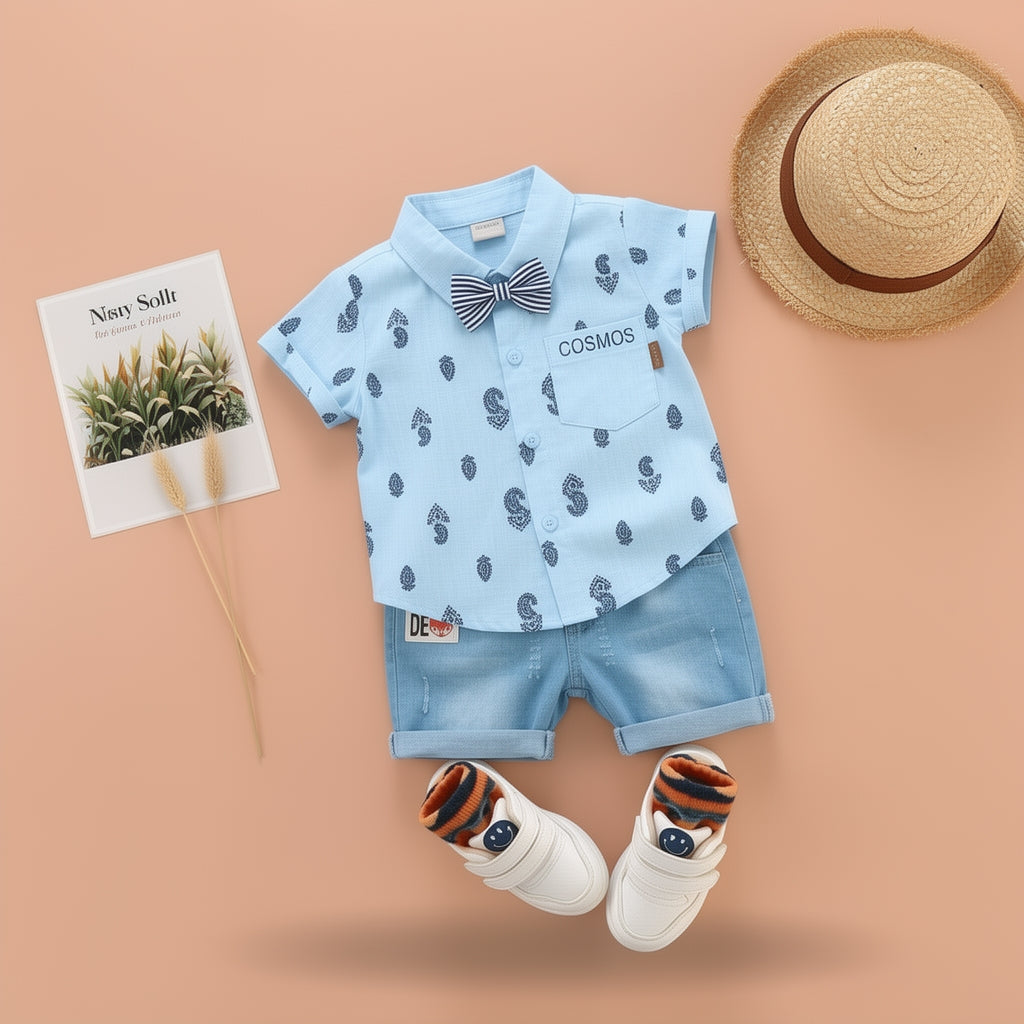 Baby Boys Formal Summer Outfit Set with Bow Tie & Shorts – Available in White, Black & Sky Blue