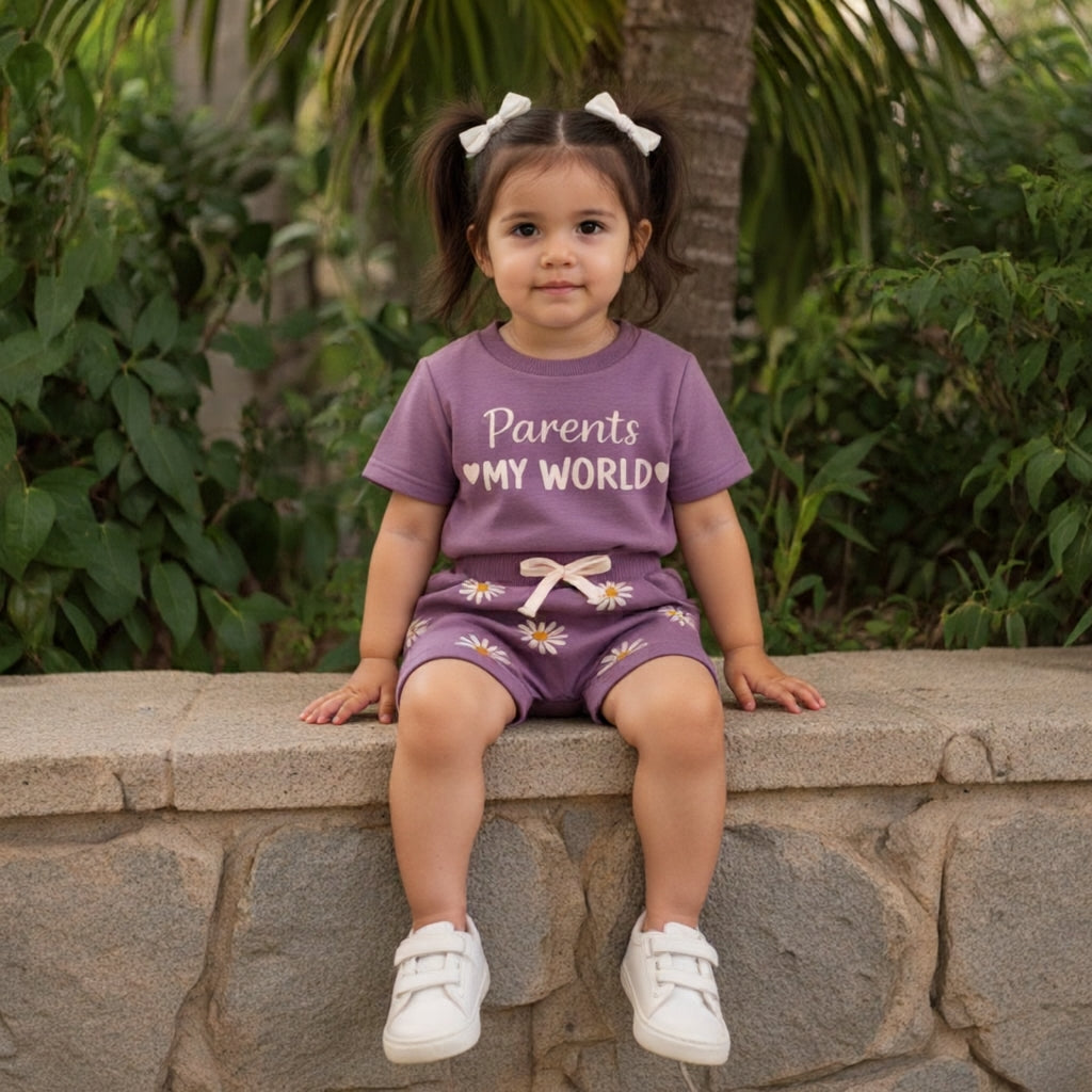 🌸 Parents My World Kids Summer Co-Ord Set 💖 | Soft Cotton T-Shirt & Daisy Shorts Combo (3 Colors, 0–5 Years)