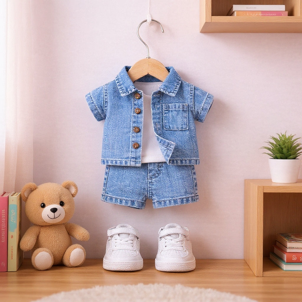 ✨ Cute Baby Denim Outfit Set – Shirt, T-Shirt & Shorts Combo 👶💙
