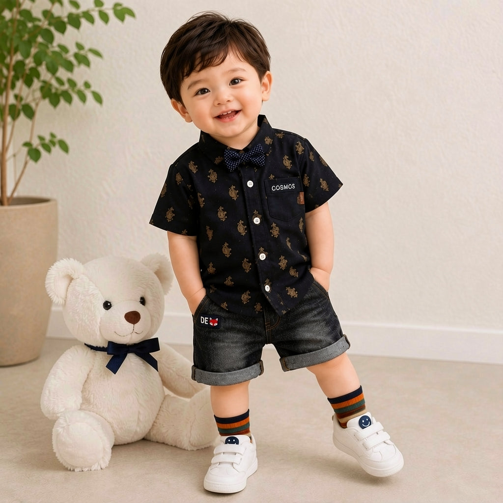 Baby Boys Formal Summer Outfit Set with Bow Tie & Shorts – Available in White, Black & Sky Blue
