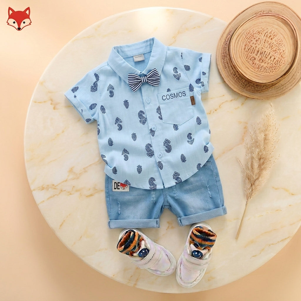 Baby Boys Formal Summer Outfit Set with Bow Tie & Shorts – Available in White, Black & Sky Blue