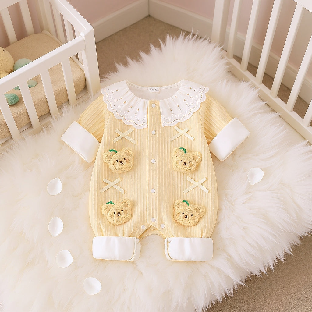 Summer Journey Baby Romper – Pink, Light Yellow & Beige Cute Teddy Cotton Outfit