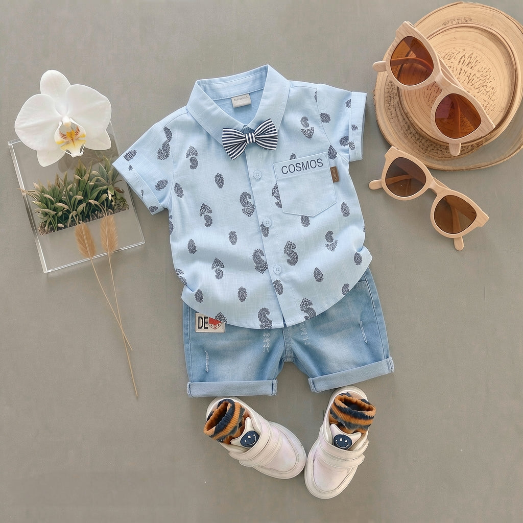 Baby Boys Formal Summer Outfit Set with Bow Tie & Shorts – Available in White, Black & Sky Blue