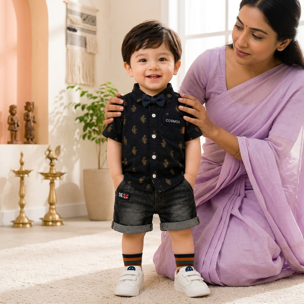 Baby Boys Formal Summer Outfit Set with Bow Tie & Shorts – Available in White, Black & Sky Blue
