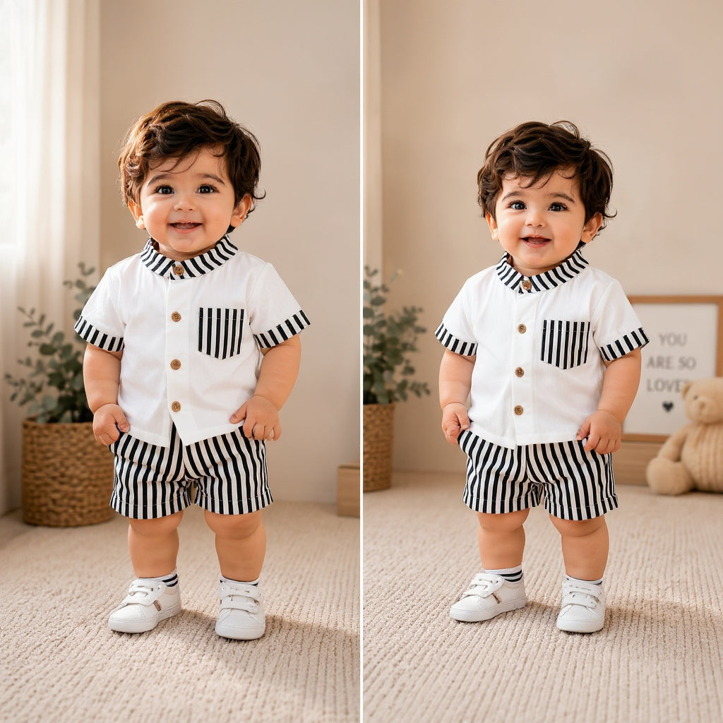 Stylish Kids Summer Co-ord Set | Black & White Striped Half Sleeve Shirt & Shorts Outfit