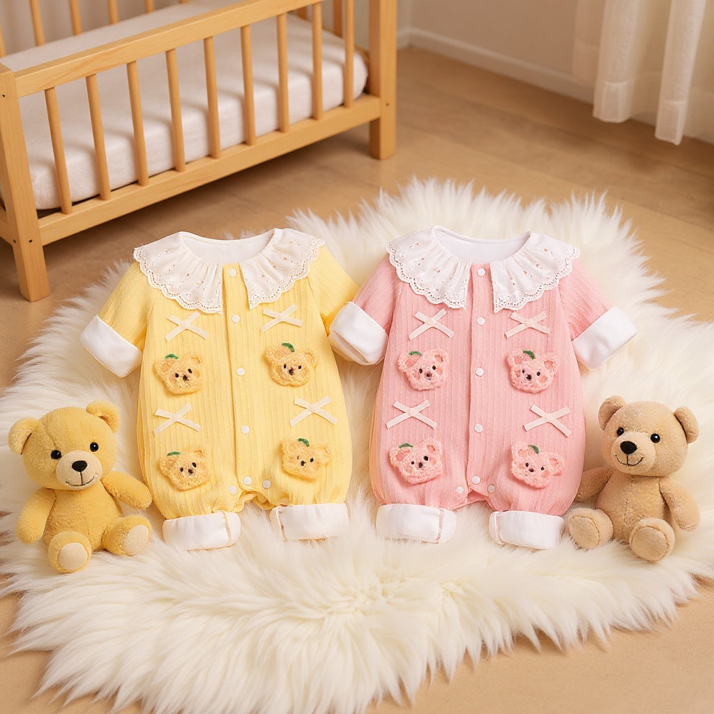 Summer Journey Baby Romper – Pink, Light Yellow & Beige Cute Teddy Cotton Outfit