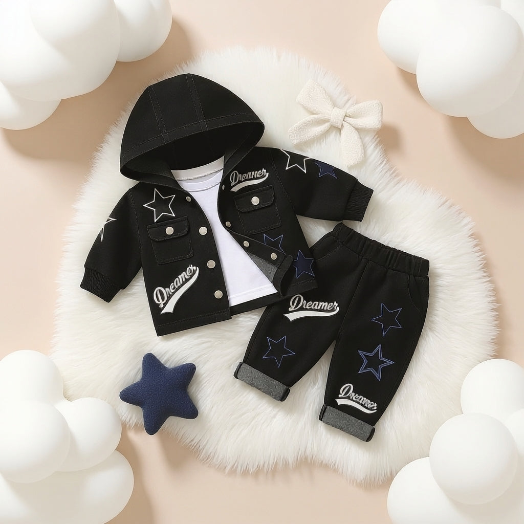 Dreamer Star Denim Jacket & Pants Set for Baby Boys 🌟 Premium 3-Piece Co-ord Set | 4 Colors Available