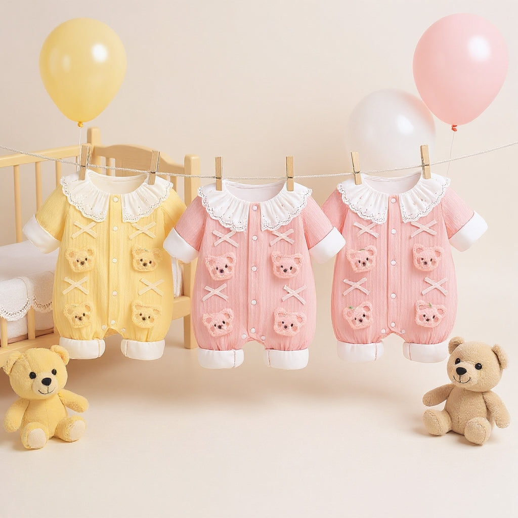 Summer Journey Baby Romper – Pink, Light Yellow & Beige Cute Teddy Cotton Outfit