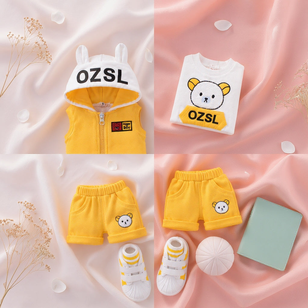 🐻 3PCS Baby Clothing Set – Bunny Ear Hoodie Vest, Cute Bear T-Shirt & Soft Shorts Set for Baby Boys & Girls 💛