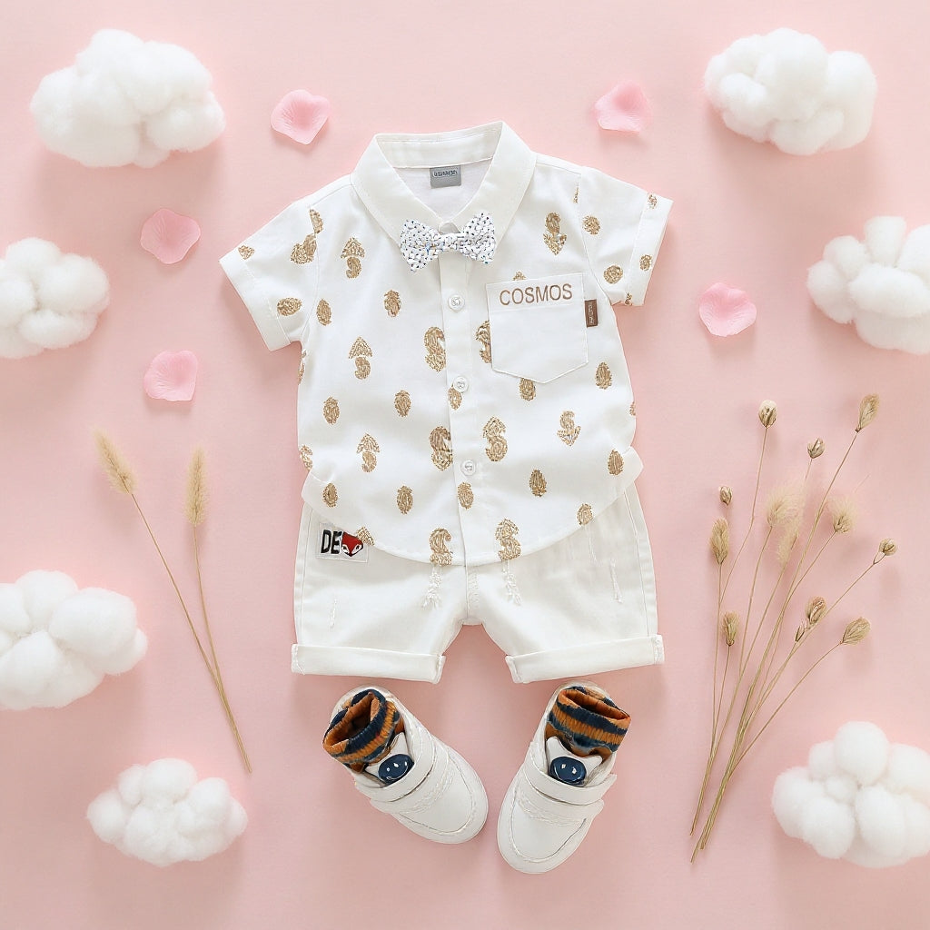 Baby Boys Formal Summer Outfit Set with Bow Tie & Shorts – Available in White, Black & Sky Blue