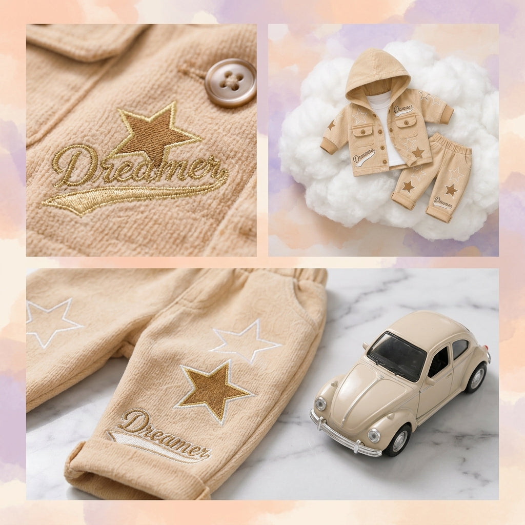 Dreamer Star Denim Jacket & Pants Set for Baby Boys 🌟 Premium 3-Piece Co-ord Set | 4 Colors Available