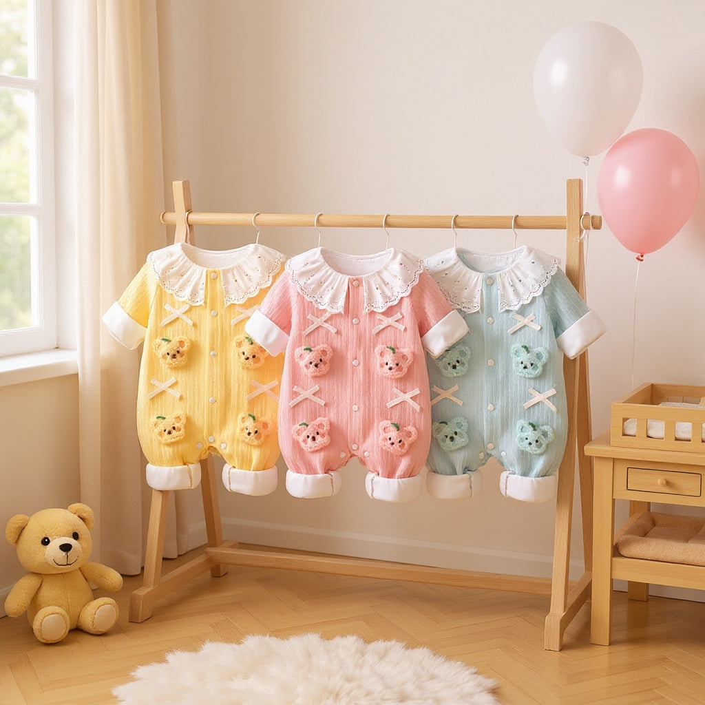 Summer Journey Baby Romper – Pink, Light Yellow & Beige Cute Teddy Cotton Outfit