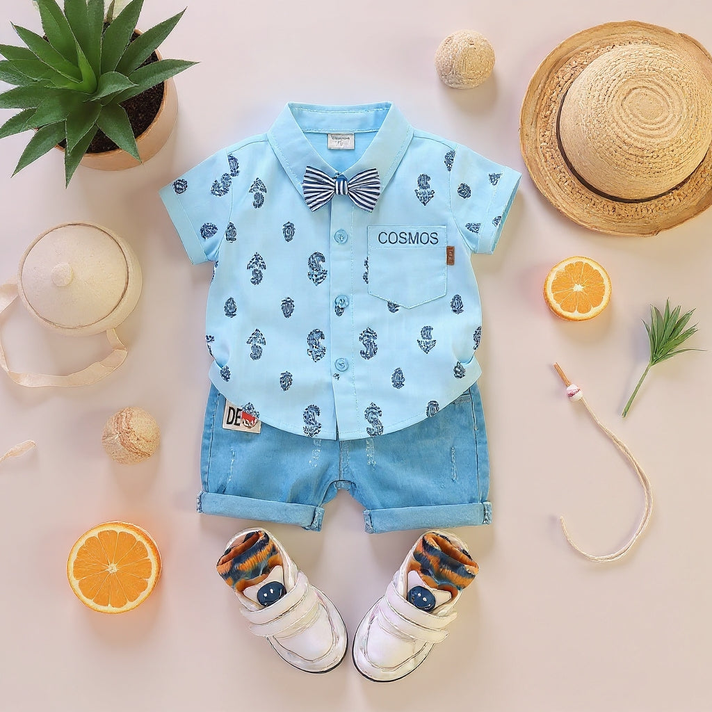 Baby Boys Formal Summer Outfit Set with Bow Tie & Shorts – Available in White, Black & Sky Blue