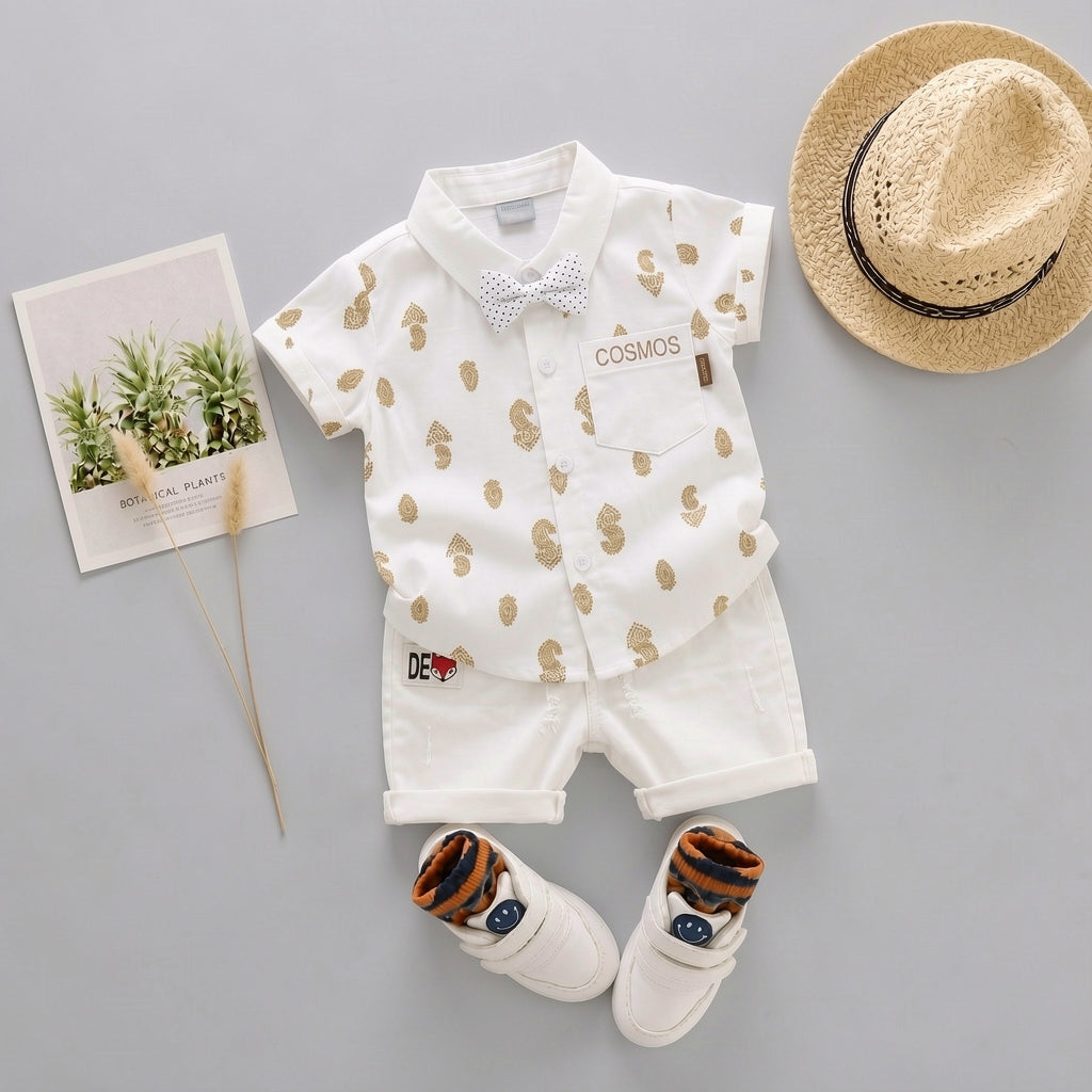 Baby Boys Formal Summer Outfit Set with Bow Tie & Shorts – Available in White, Black & Sky Blue