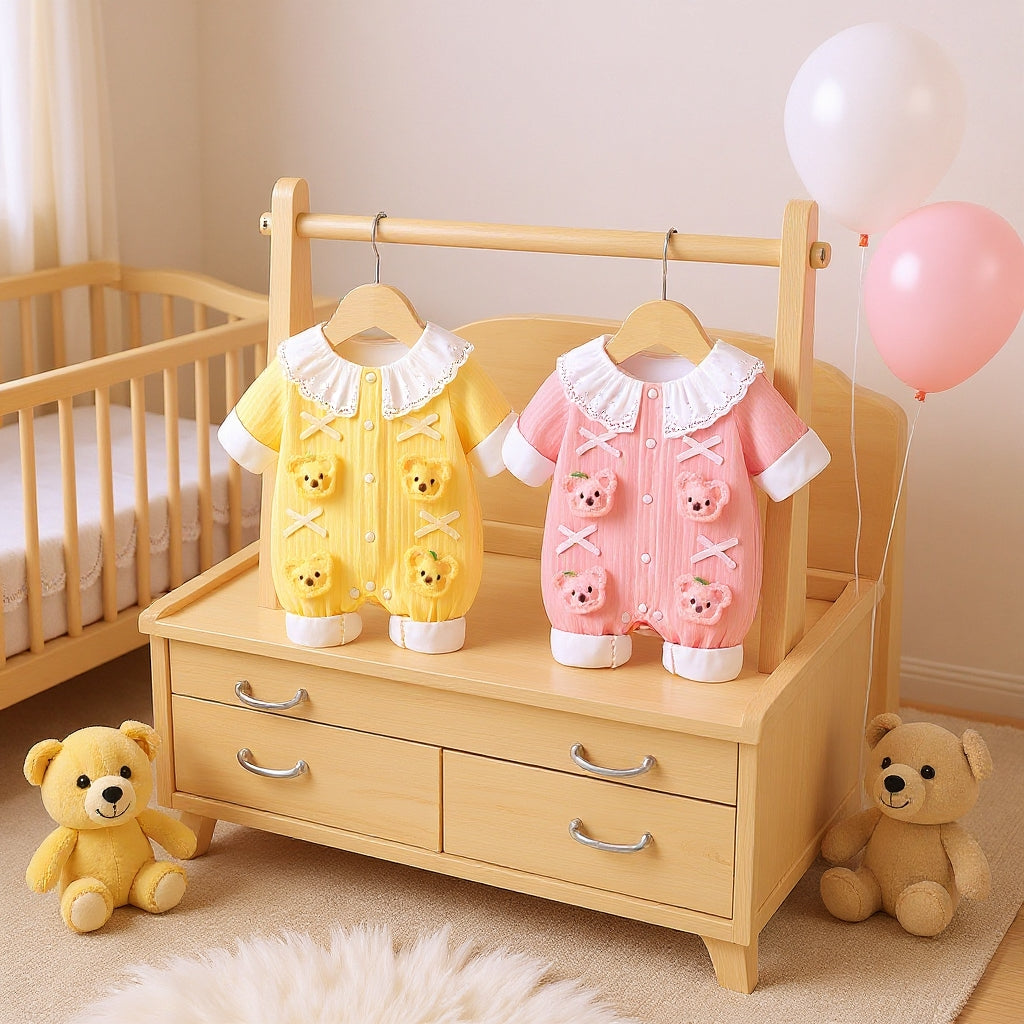 Summer Journey Baby Romper – Pink, Light Yellow & Beige Cute Teddy Cotton Outfit