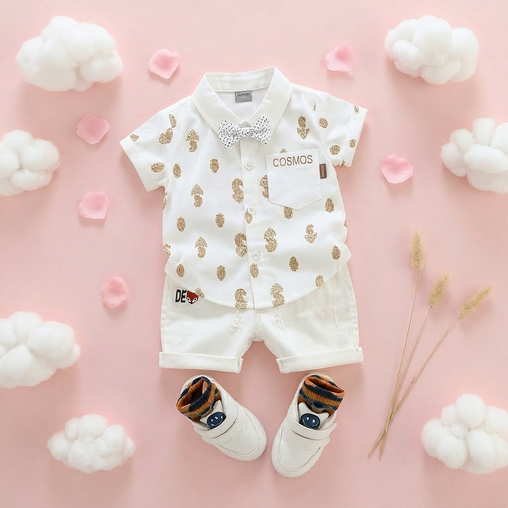 Baby Boys Formal Summer Outfit Set with Bow Tie & Shorts – Available in White, Black & Sky Blue
