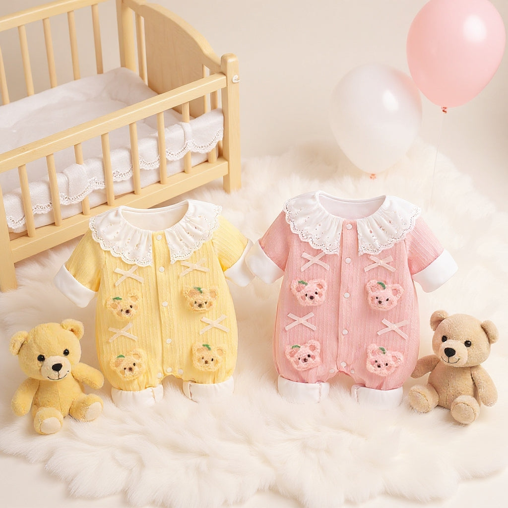 Summer Journey Baby Romper – Pink, Light Yellow & Beige Cute Teddy Cotton Outfit