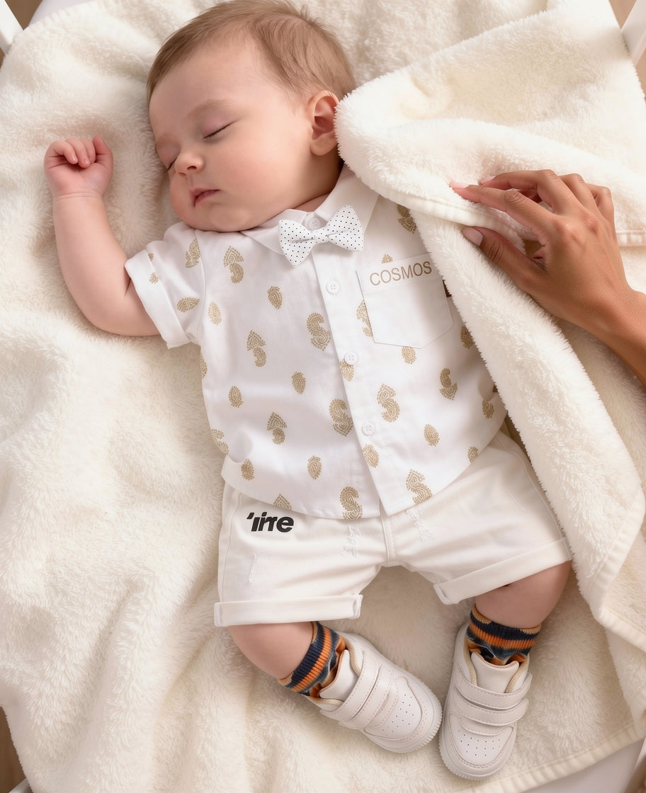 Baby Boys Formal Summer Outfit Set with Bow Tie & Shorts – Available in White, Black & Sky Blue