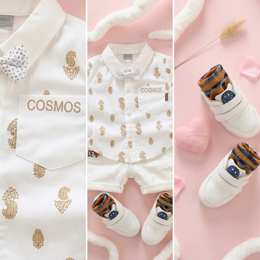 Baby Boys Formal Summer Outfit Set with Bow Tie & Shorts – Available in White, Black & Sky Blue