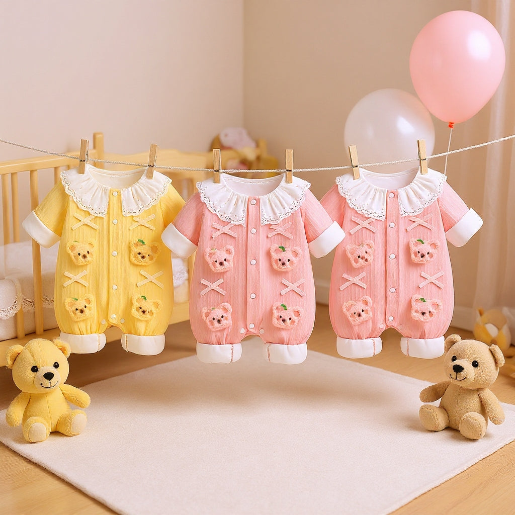 Summer Journey Baby Romper – Pink, Light Yellow & Beige Cute Teddy Cotton Outfit