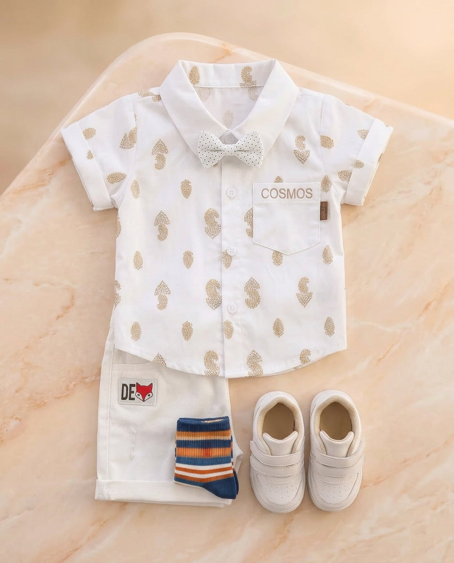 Baby Boys Formal Summer Outfit Set with Bow Tie & Shorts – Available in White, Black & Sky Blue