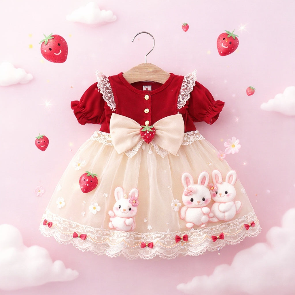 🍓 Cute Bunny Strawberry Baby Girl Party Dress 🎀
