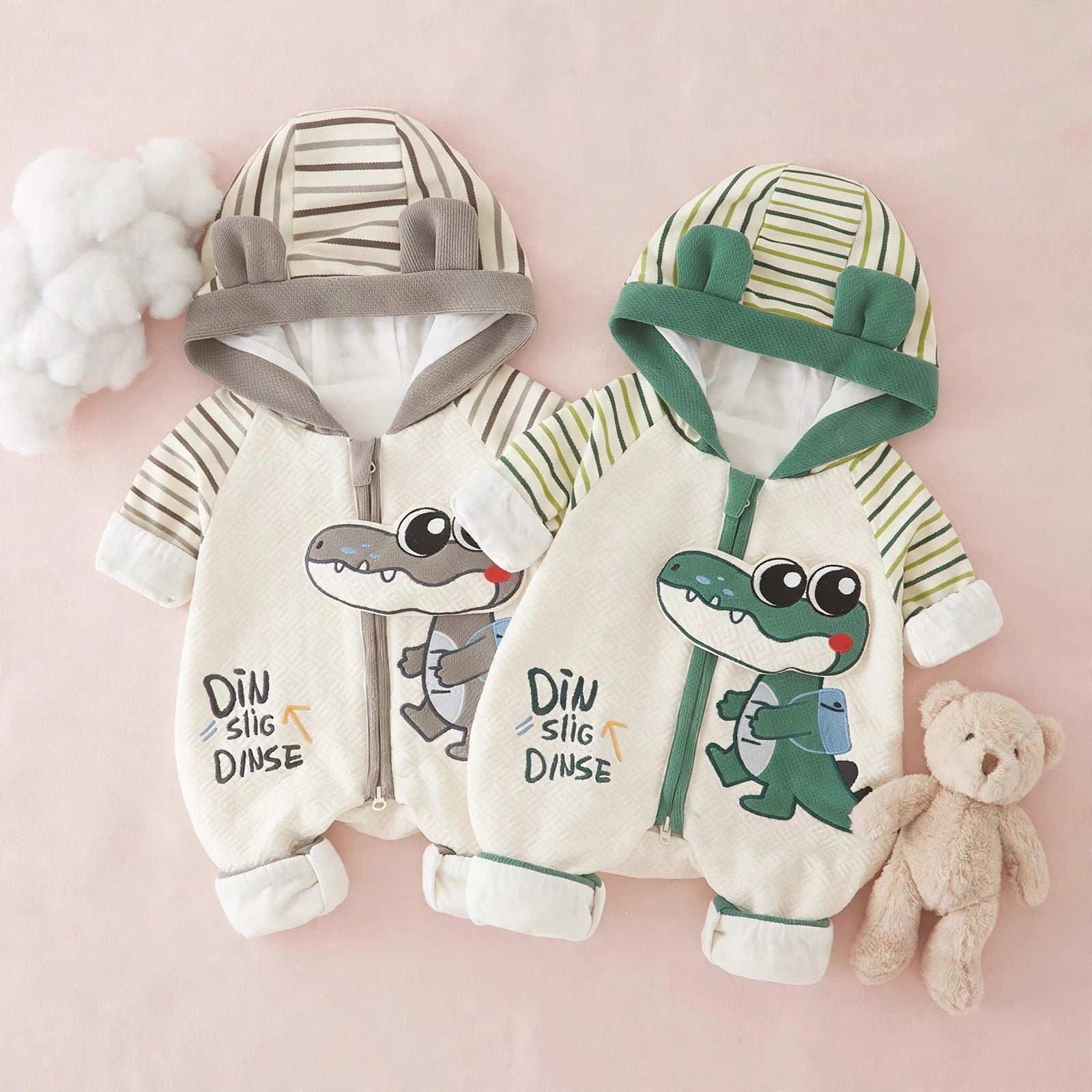 Baby Dino Crocodile Print Hooded Romper – Lightweight Summer Cotton Jumpsuit for Boys & Girls | Available in Green & Grey