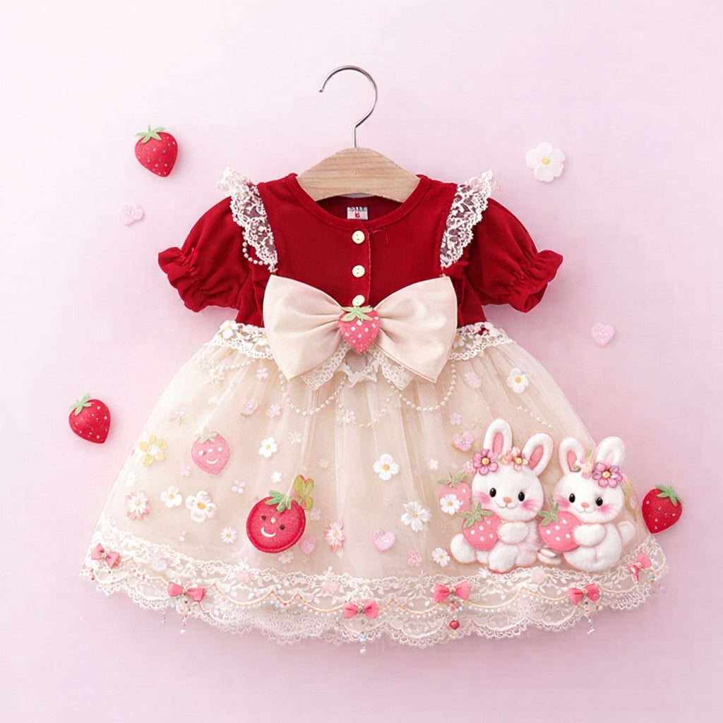 🍓 Cute Bunny Strawberry Baby Girl Party Dress 🎀