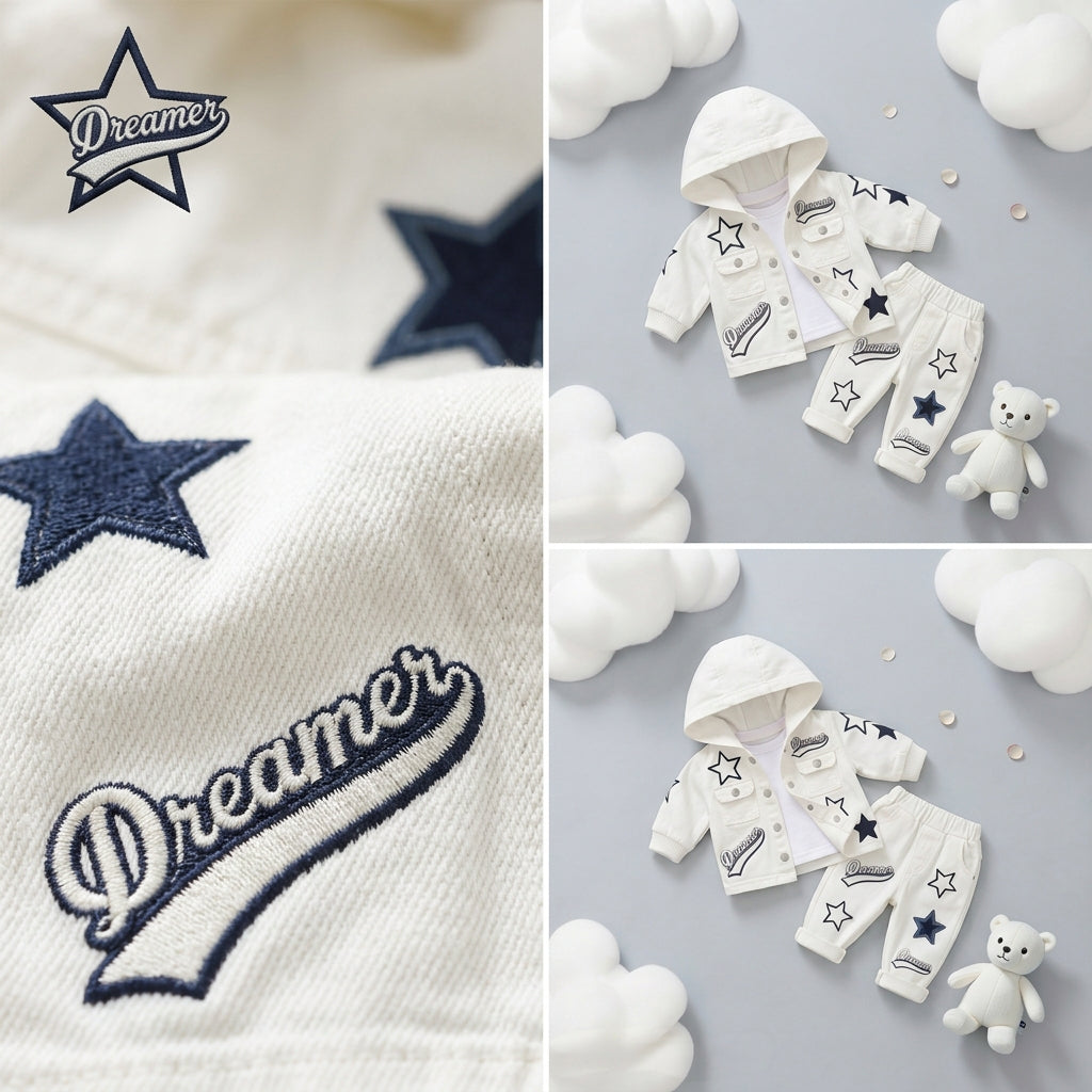 Dreamer Star Denim Jacket & Pants Set for Baby Boys 🌟 Premium 3-Piece Co-ord Set | 4 Colors Available