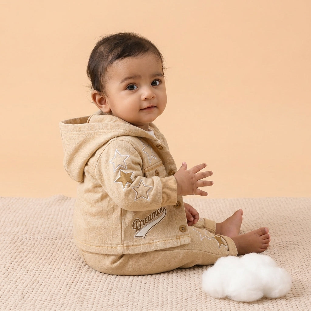 Dreamer Star Denim Jacket & Pants Set for Baby Boys 🌟 Premium 3-Piece Co-ord Set | 4 Colors Available